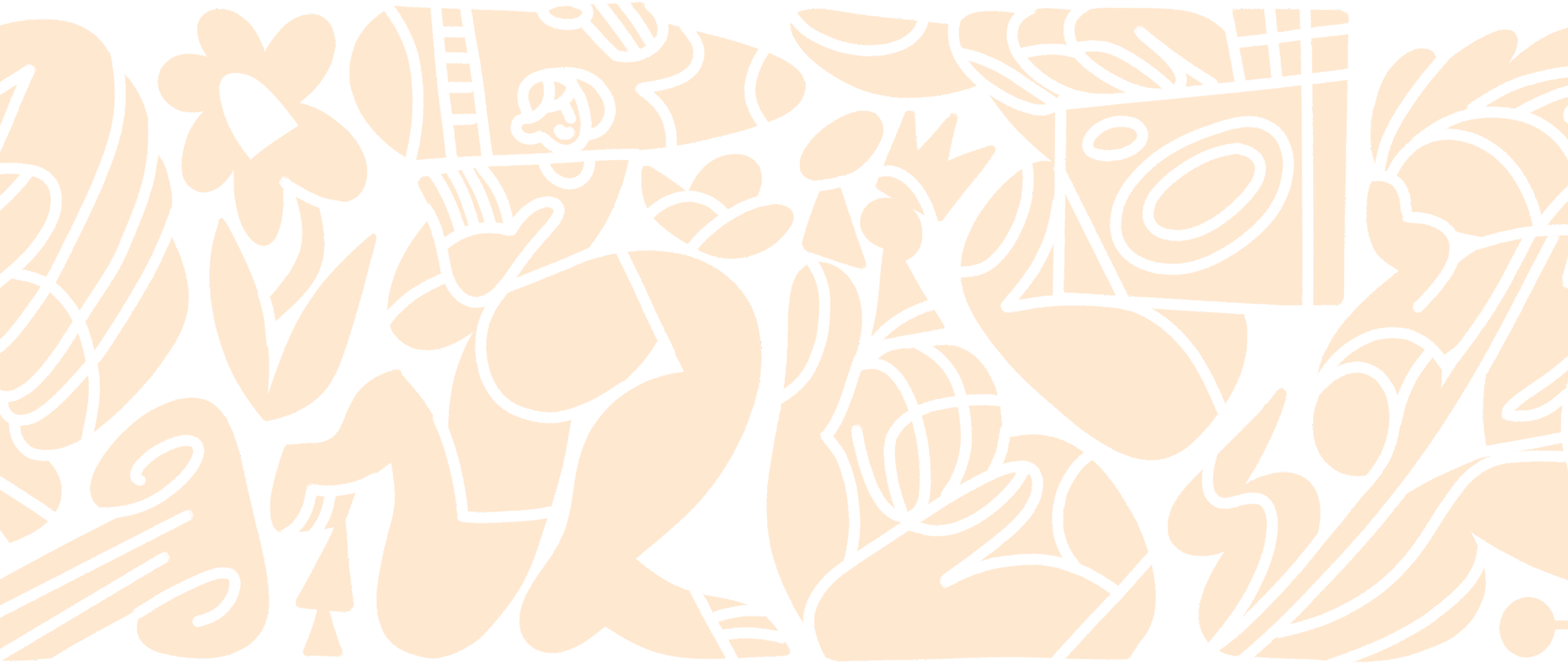 A "Corporate Memphis" style illustration of flowers, people, and abstract shapes.